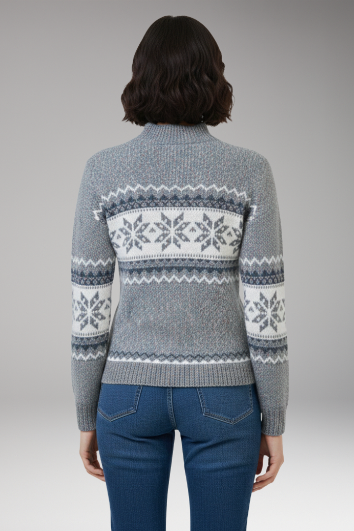 Women's Knit Sweater with Stand Collar and Patterned Surface