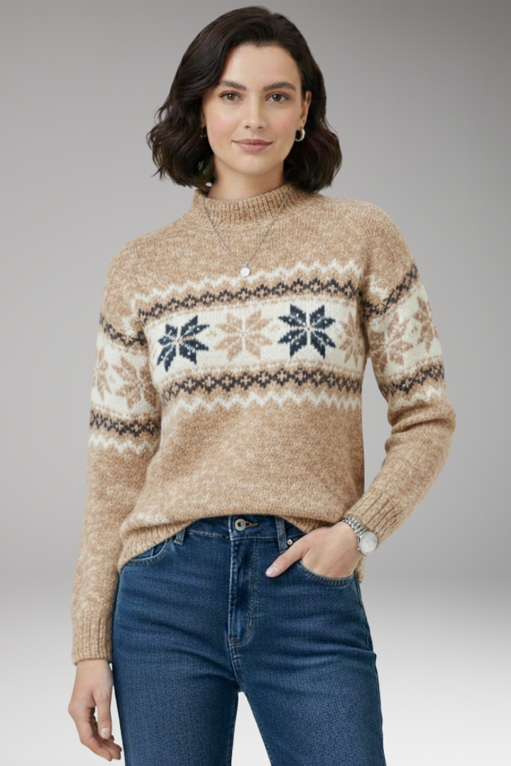 Women's Knit Sweater with Stand Collar and Patterned Surface