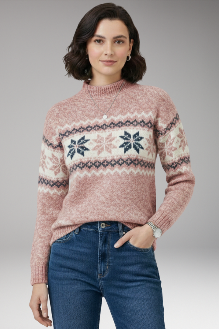 Women's Knit Sweater with Stand Collar and Patterned Surface