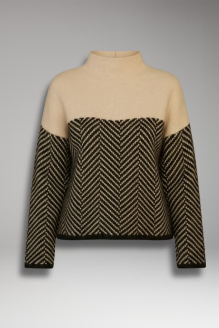 Women's Knit Sweater with Stand Collar and Two-Tone Pattern