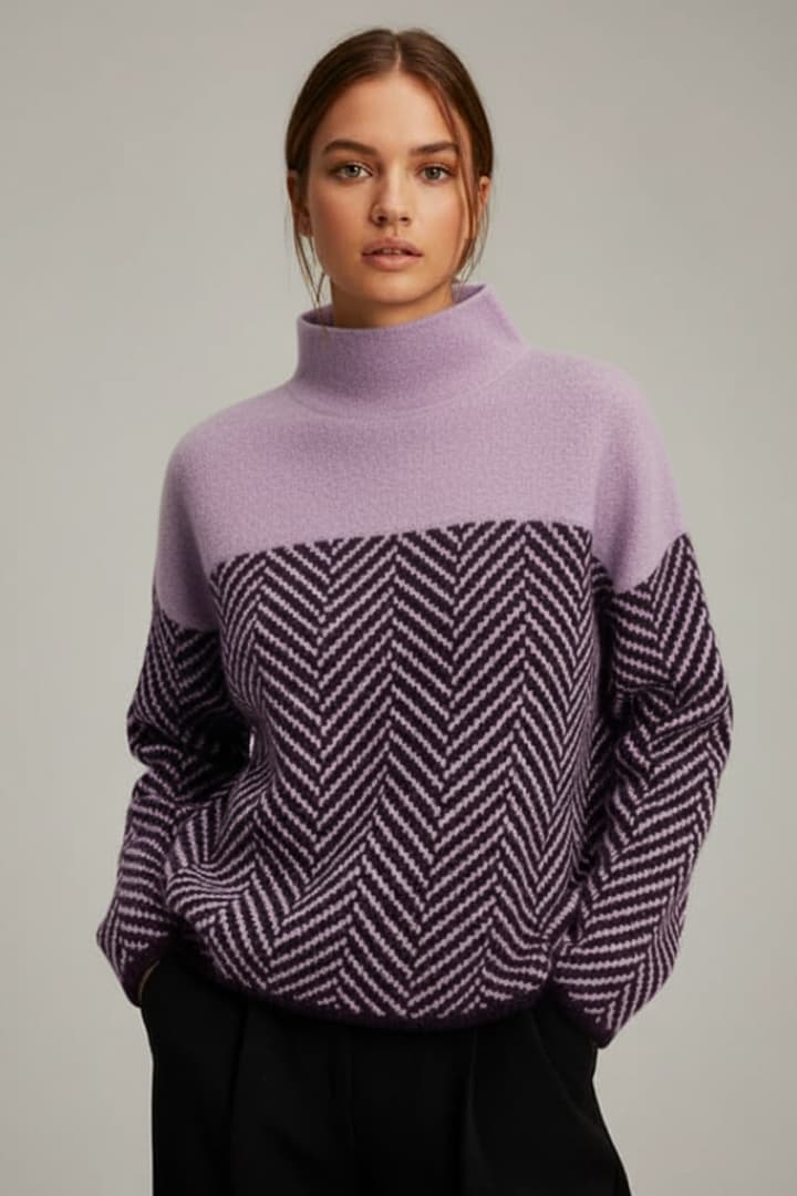 Women's Knit Sweater with Stand Collar and Two-Tone Pattern