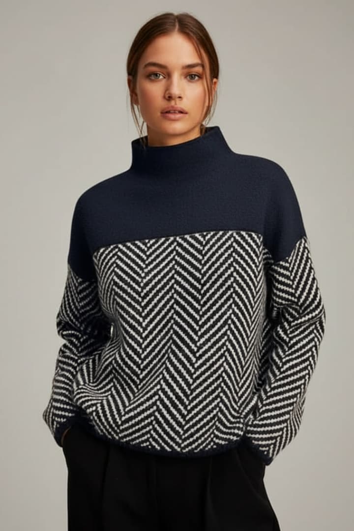 Women's Knit Sweater with Stand Collar and Two-Tone Pattern