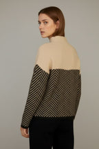 Women's Knit Sweater with Stand Collar and Two-Tone Pattern