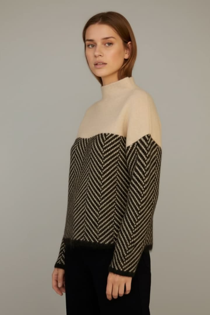 Women's Knit Sweater with Stand Collar and Two-Tone Pattern