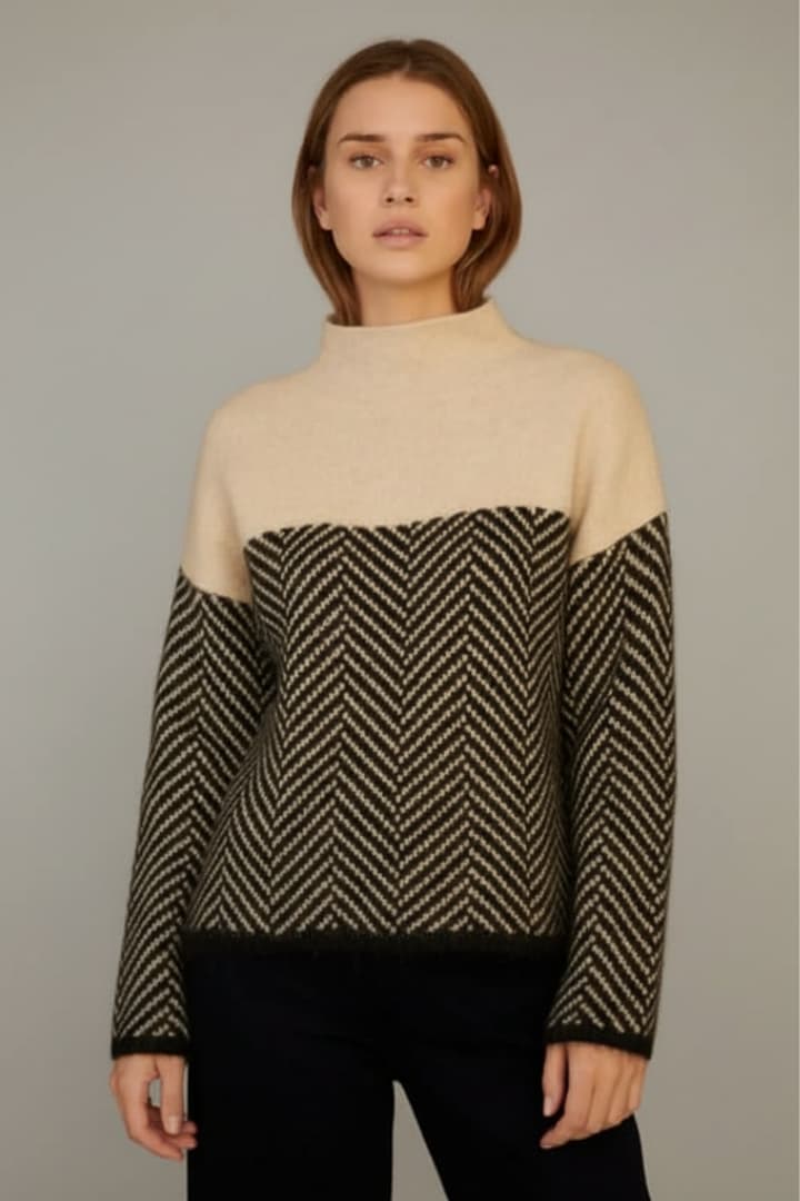Women's Knit Sweater with Stand Collar and Two-Tone Pattern