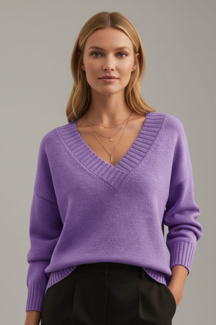 Women's Knit Sweater with V-Neckline and Long Sleeves