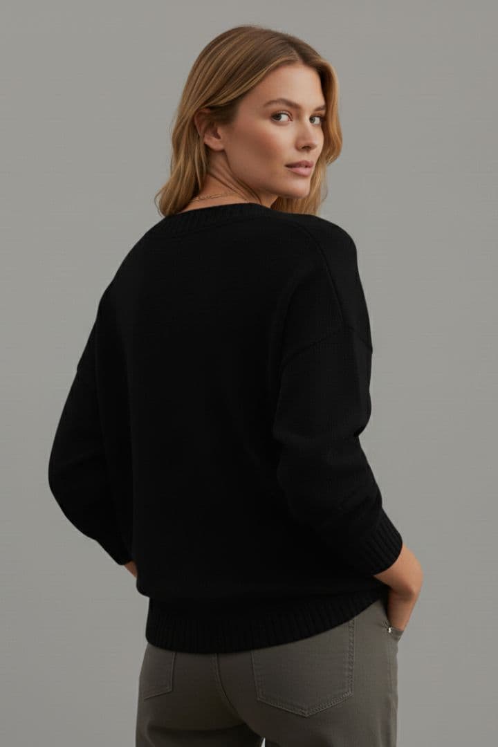 Women's Knit Sweater with V-Neckline and Long Sleeves