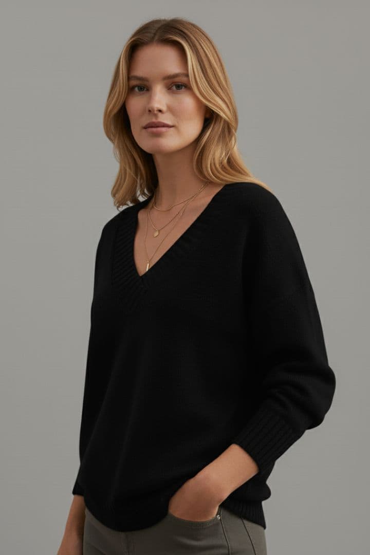 Women's Knit Sweater with V-Neckline and Long Sleeves