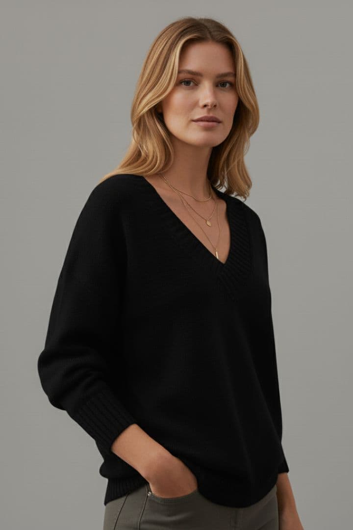 Women's Knit Sweater with V-Neckline and Long Sleeves