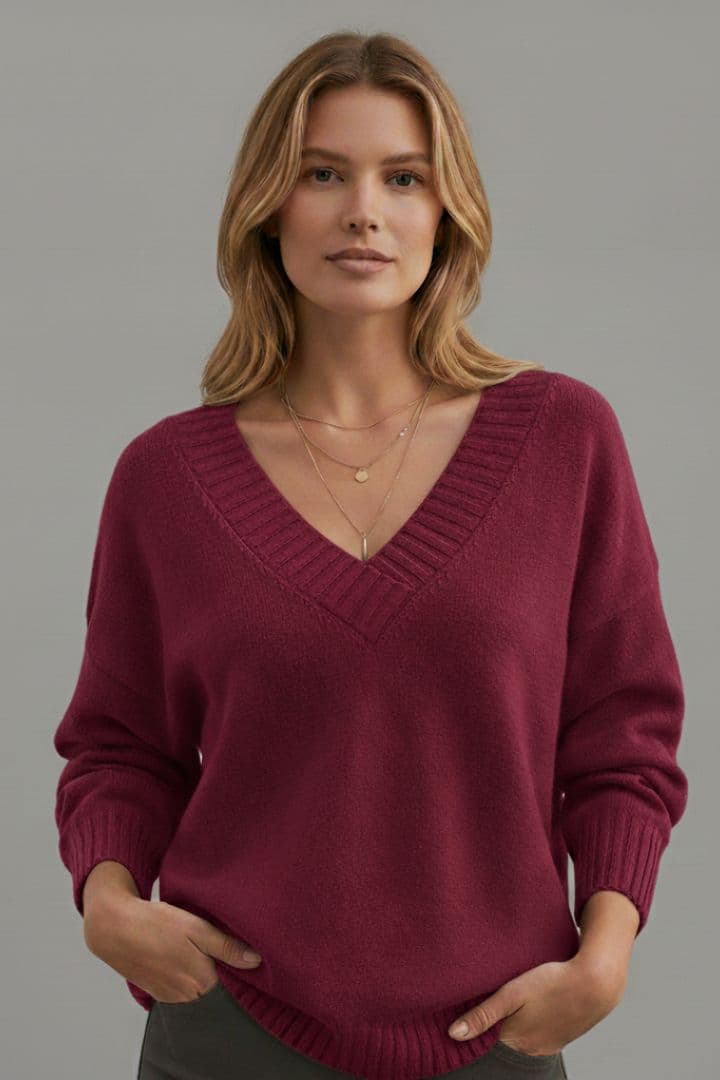 Women's Knit Sweater with V-Neckline and Long Sleeves