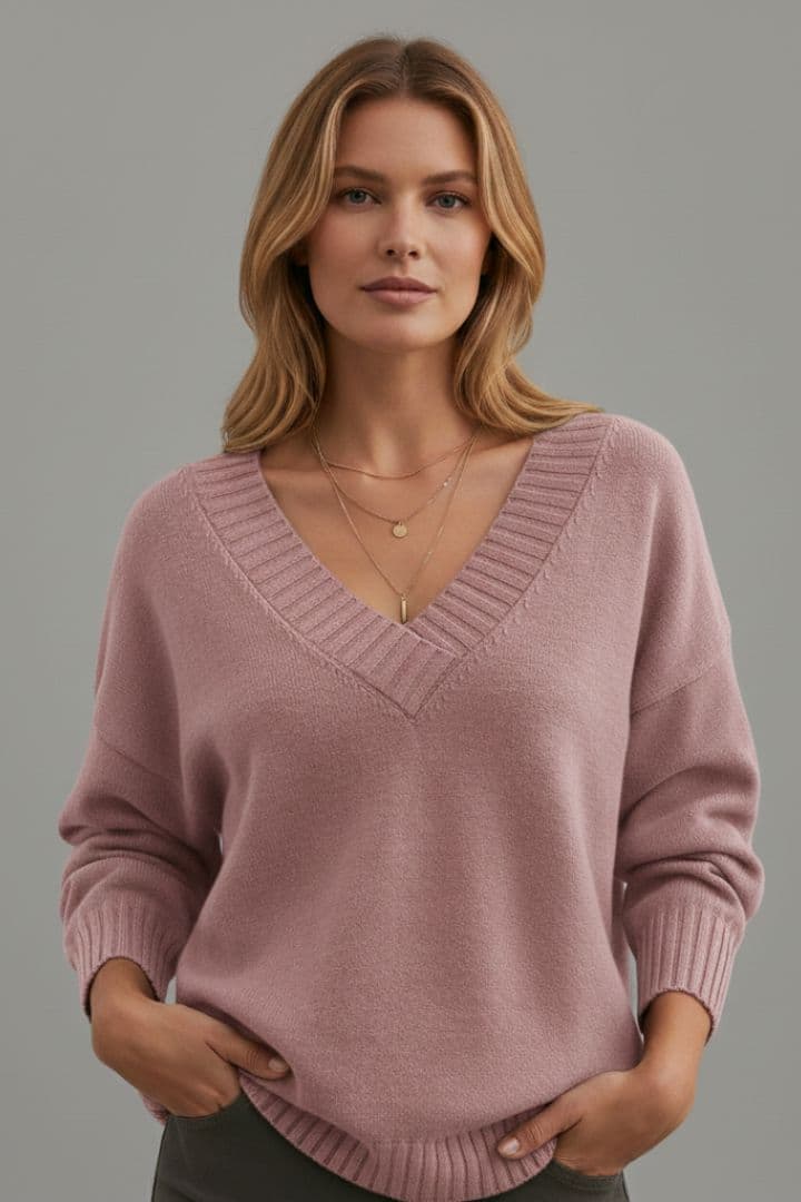 Women's Knit Sweater with V-Neckline and Long Sleeves