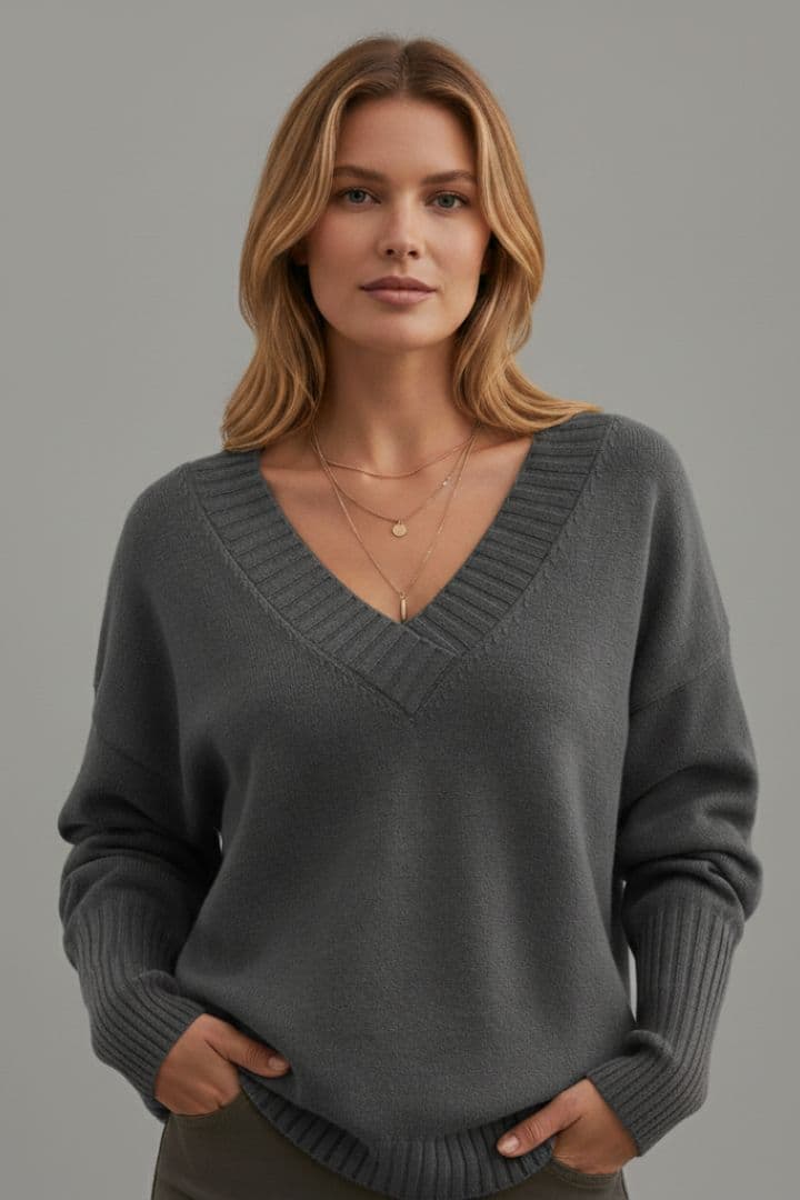 Women's Knit Sweater with V-Neckline and Long Sleeves