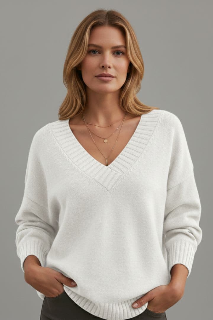 Women's Knit Sweater with V-Neckline and Long Sleeves