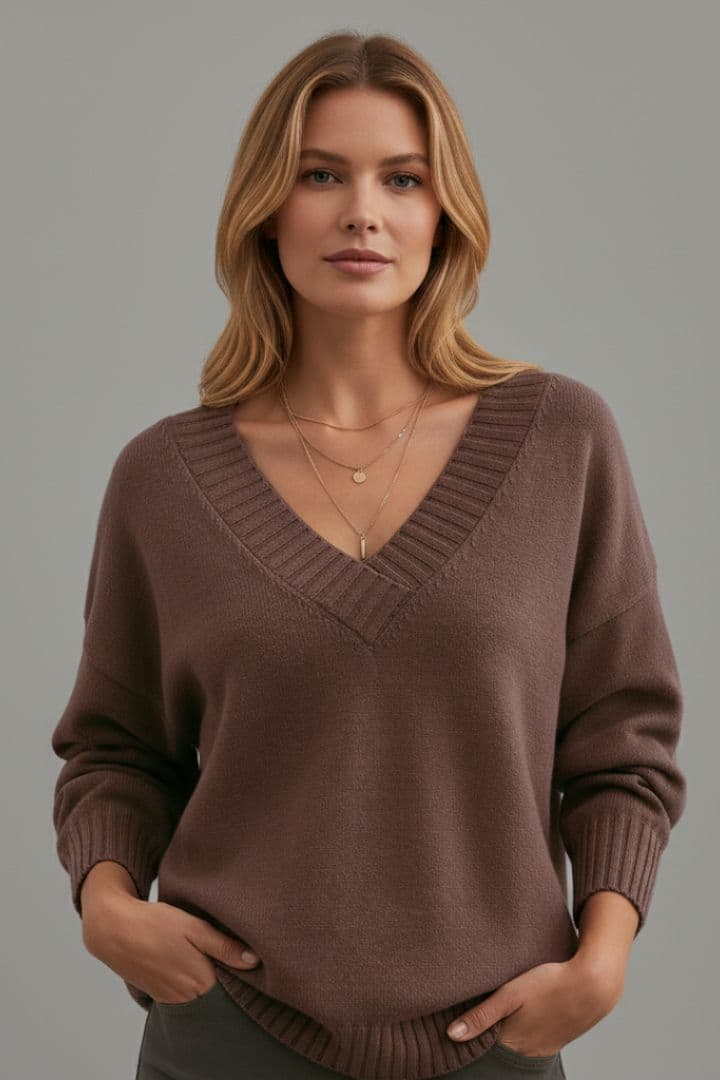 Women's Knit Sweater with V-Neckline and Long Sleeves