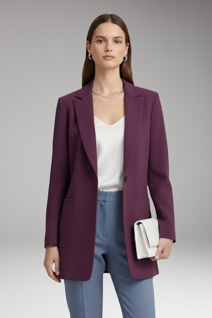 Women's Long Blazer with Notched Collar and Patch Pockets