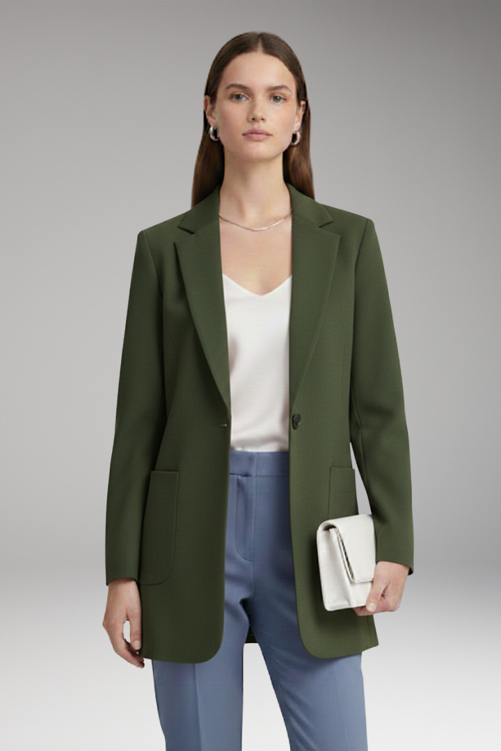 Women's Long Blazer with Notched Collar and Patch Pockets
