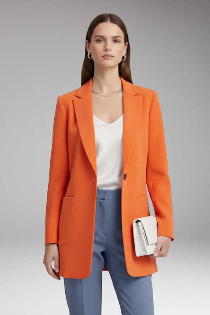 Women's Long Blazer with Notched Collar and Patch Pockets