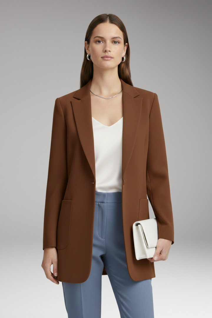 Women's Long Blazer with Notched Collar and Patch Pockets