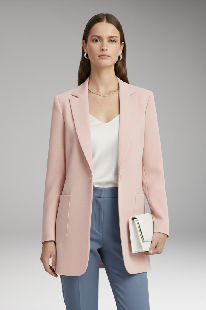 Women's Long Blazer with Notched Collar and Patch Pockets