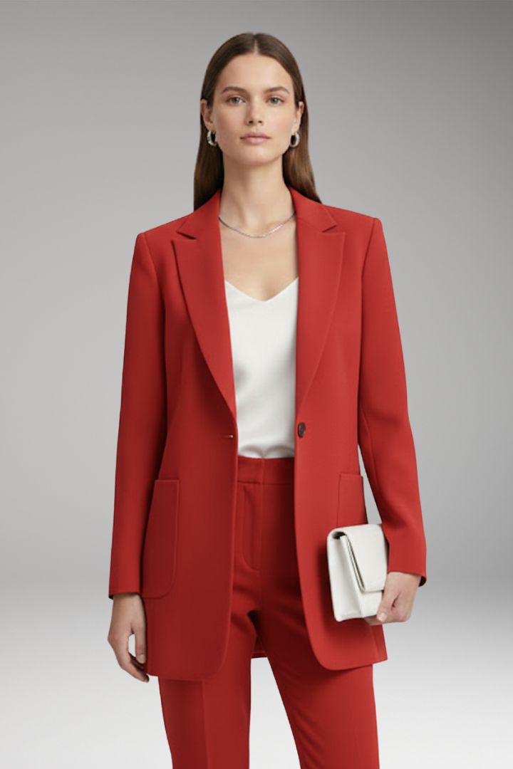 Women's Long Blazer with Notched Collar and Patch Pockets