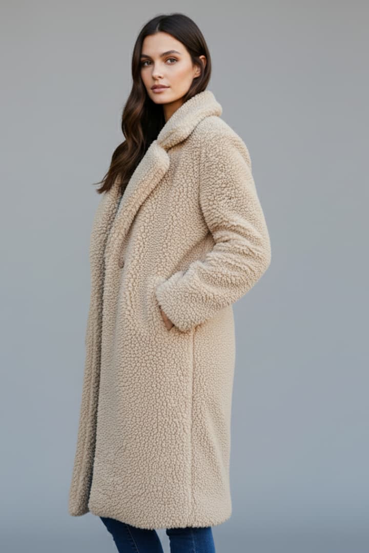 Women's Long Coat with Lapel Collar and Textured Finish