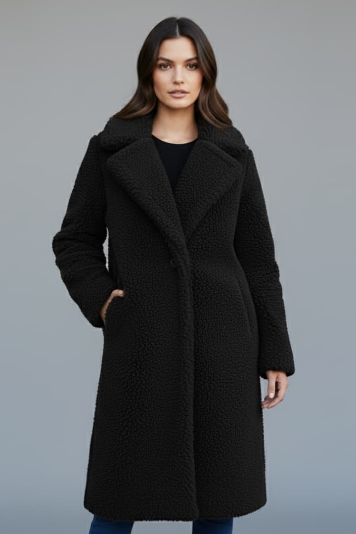 Women's Long Coat with Lapel Collar and Textured Finish