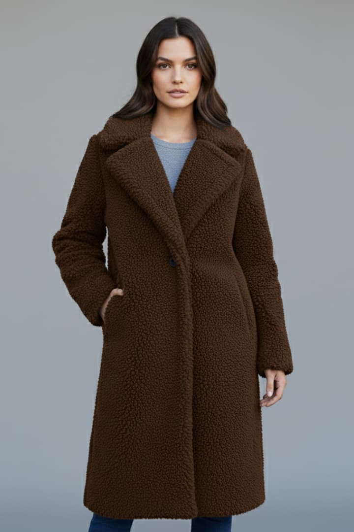 Women's Long Coat with Lapel Collar and Textured Finish