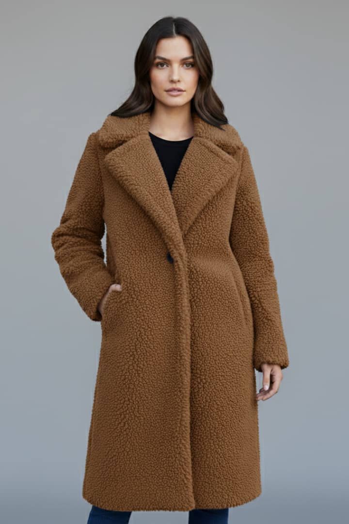 Women's Long Coat with Lapel Collar and Textured Finish