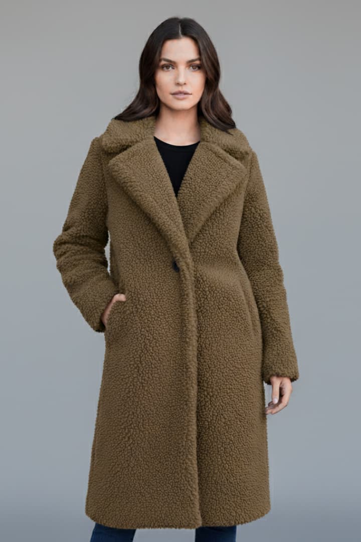 Women's Long Coat with Lapel Collar and Textured Finish