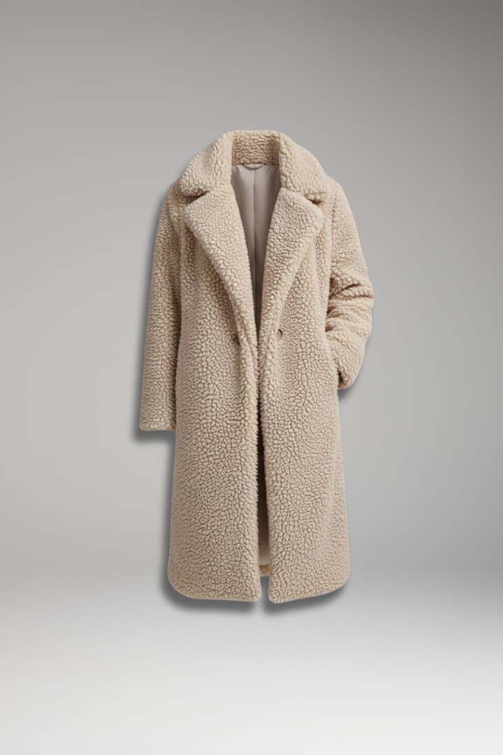 Women's Long Coat with Lapel Collar and Textured Finish