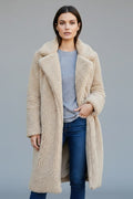 Women's Long Coat with Lapel Collar and Textured Finish
