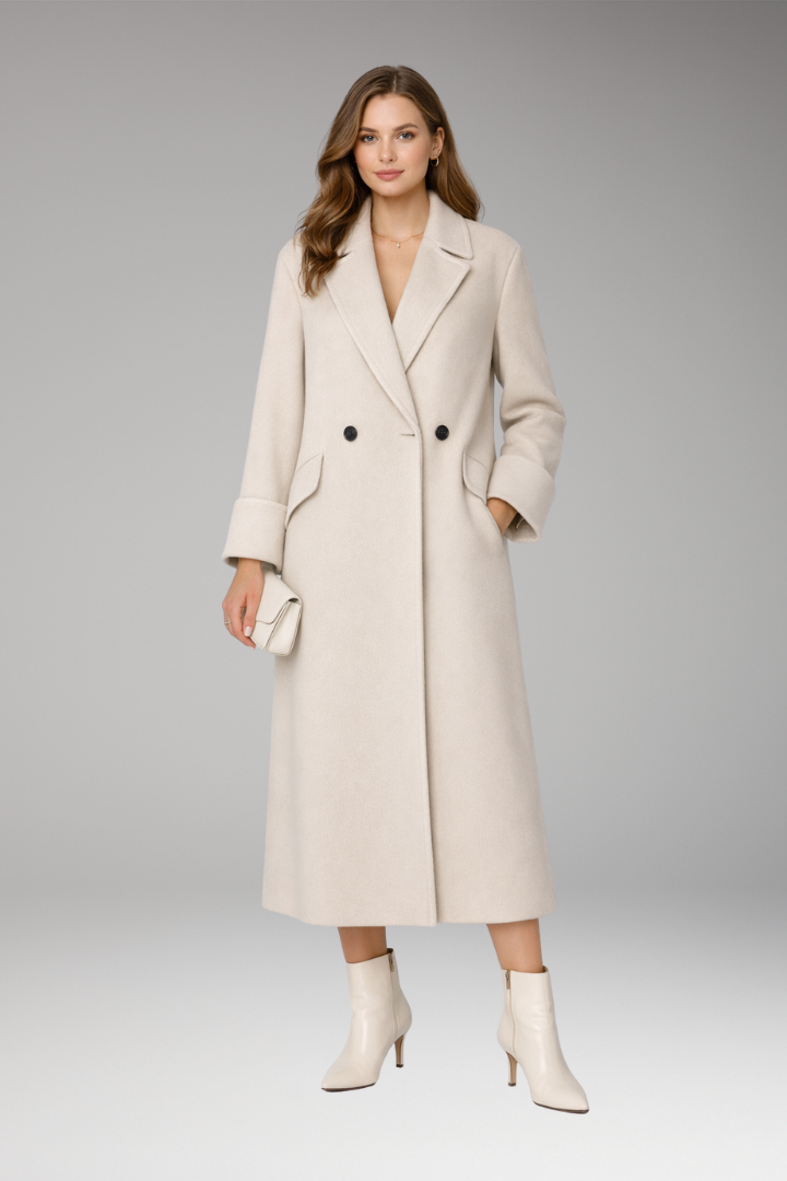 Women's Long Coat with Notched Collar and Button Closure