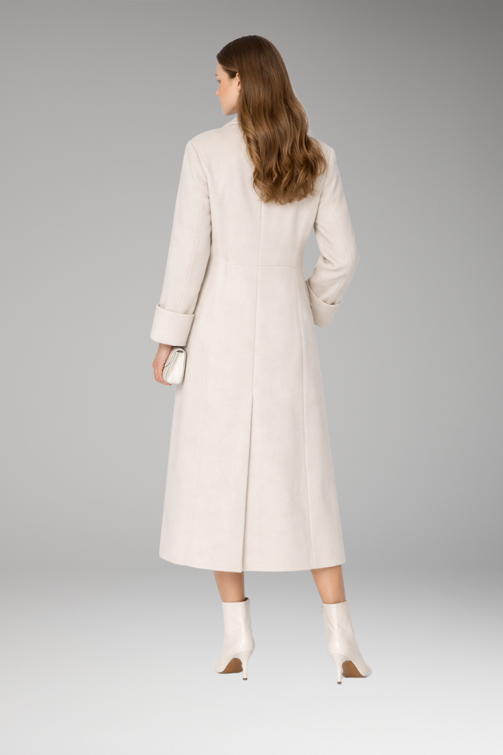 Women's Long Coat with Notched Collar and Button Closure