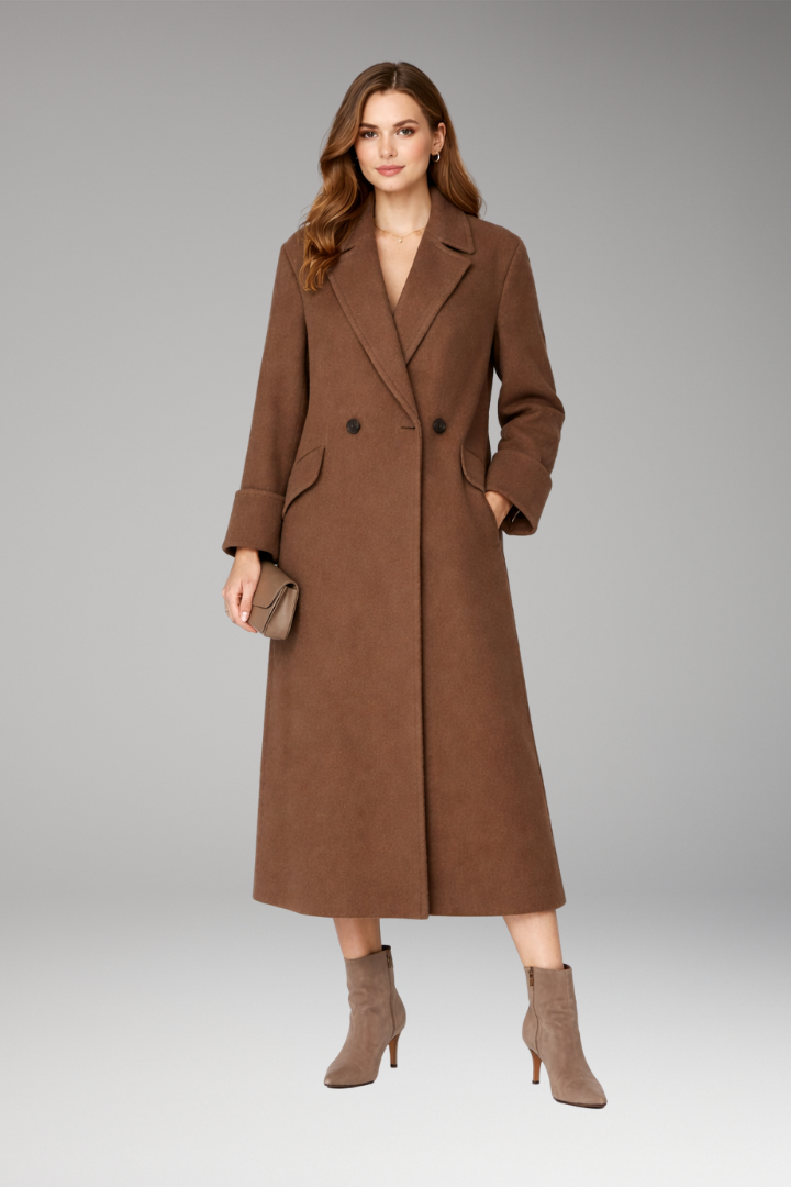 Women's Long Coat with Notched Collar and Button Closure