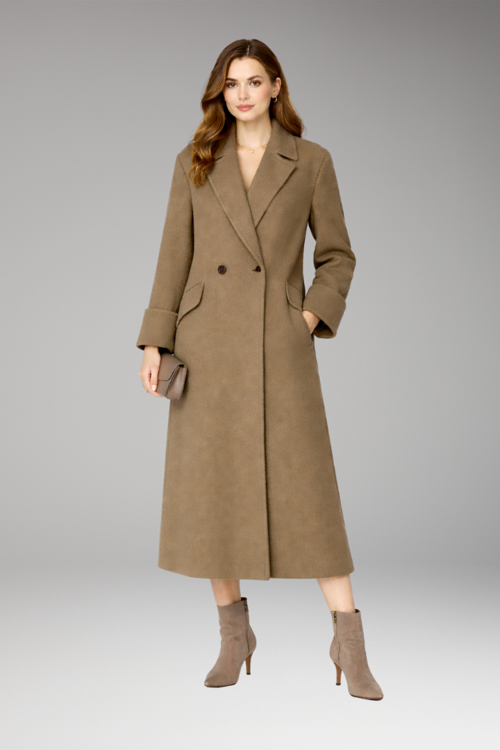 Women's Long Coat with Notched Collar and Button Closure