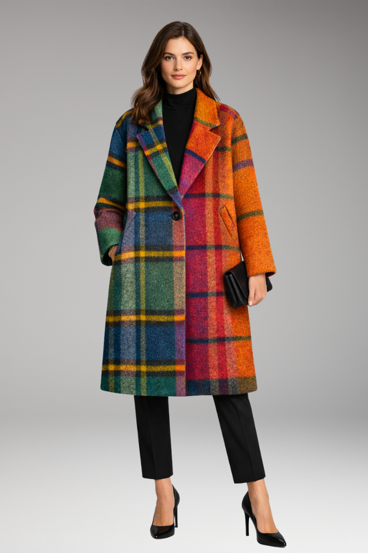 Women's Long Coat with Notched Collar and Side Pockets