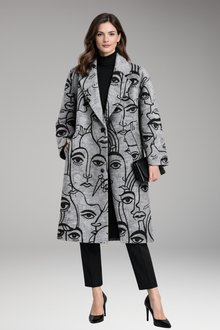 Women's Long Coat with Notched Collar and Side Pockets