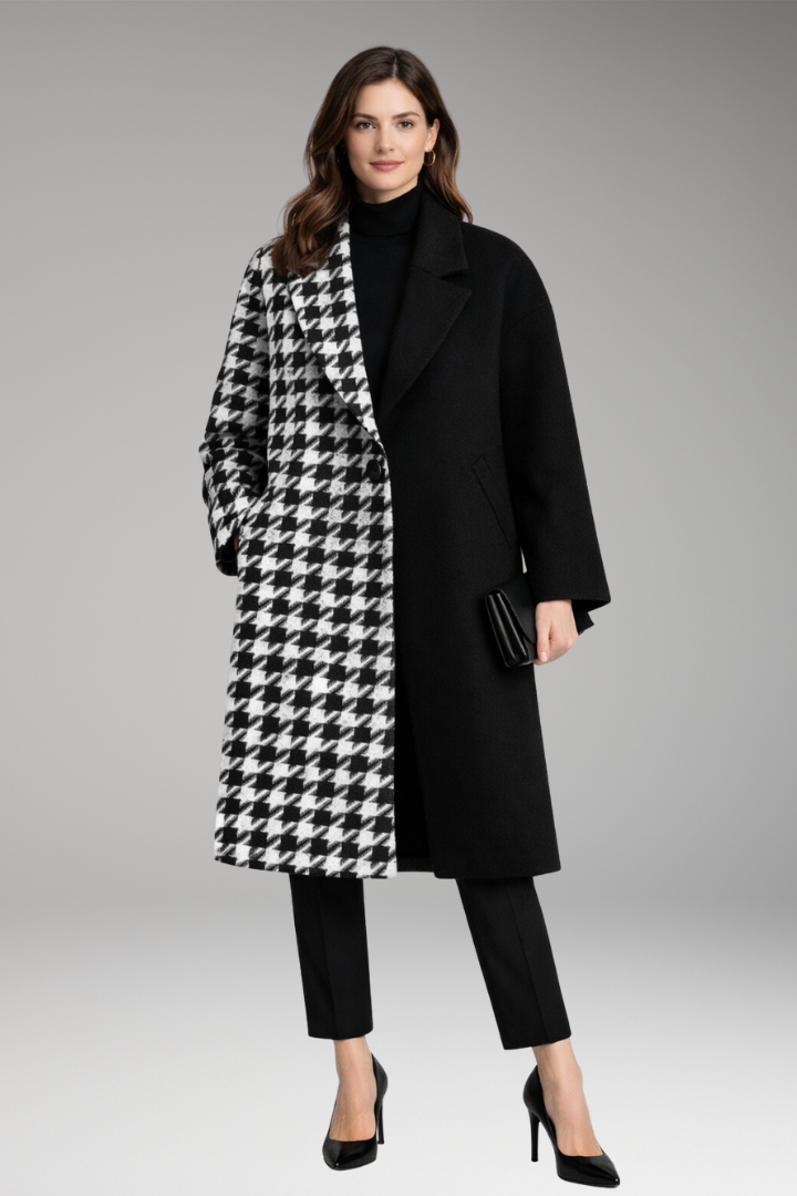 Women's Long Coat with Notched Collar and Side Pockets
