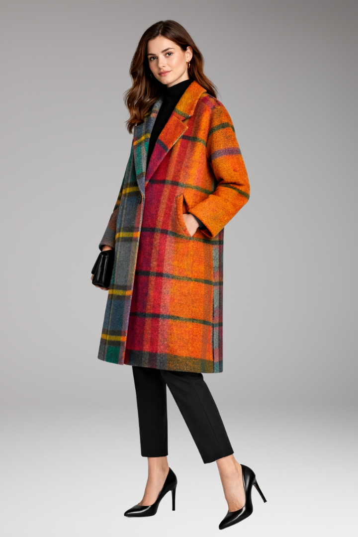 Women's Long Coat with Notched Collar and Side Pockets