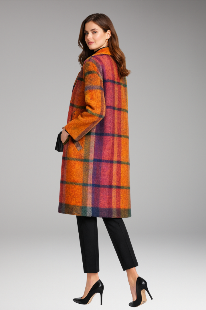 Women's Long Coat with Notched Collar and Side Pockets