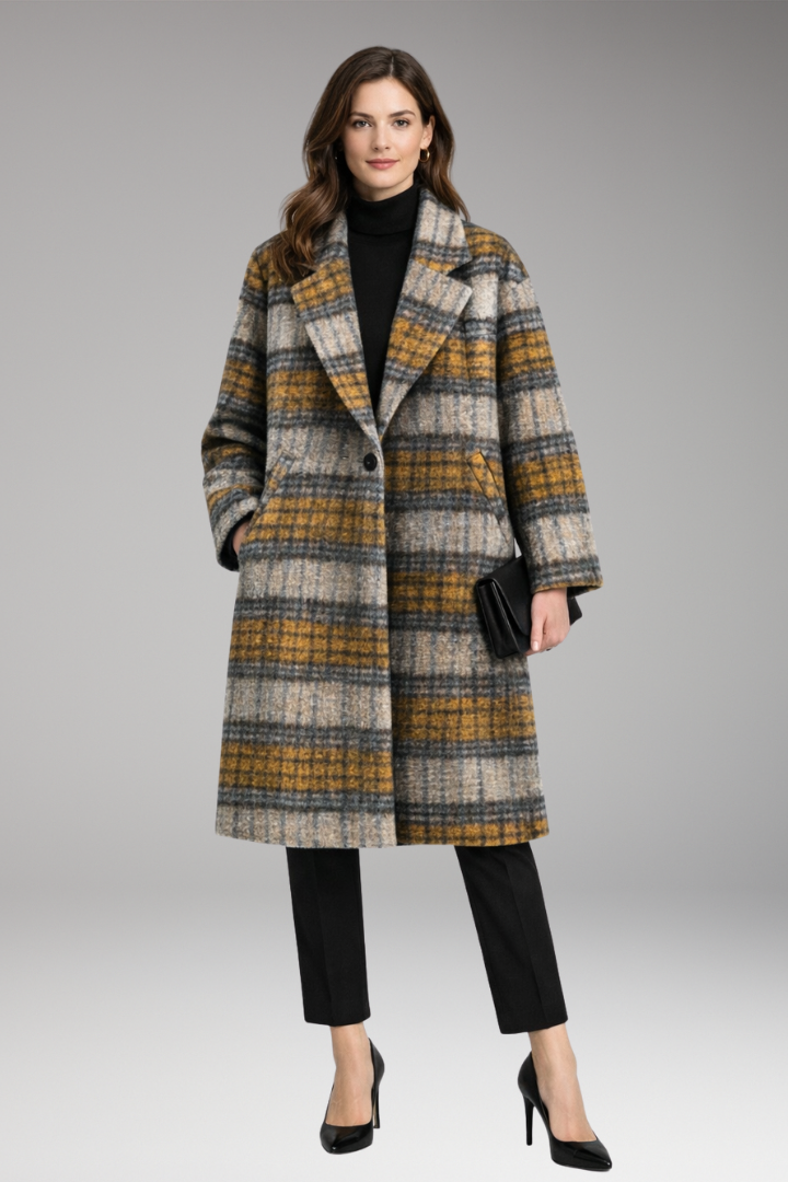 Women's Long Coat with Notched Collar and Side Pockets