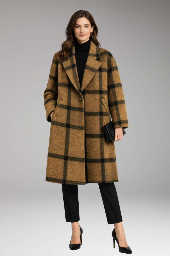Women's Long Coat with Notched Collar and Side Pockets