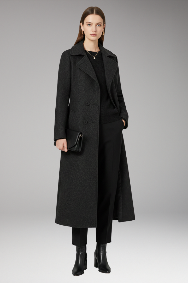 Women's Long Coat with Turned-Down Collar and Welt Pockets