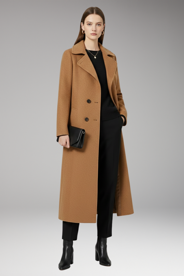Women's Long Coat with Turned-Down Collar and Welt Pockets