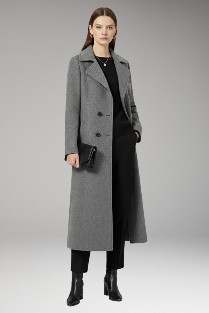 Women's Long Coat with Turned-Down Collar and Welt Pockets