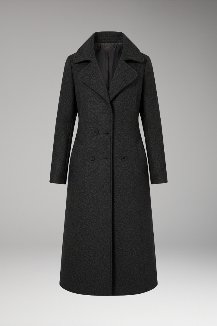 Women's Long Coat with Turned-Down Collar and Welt Pockets