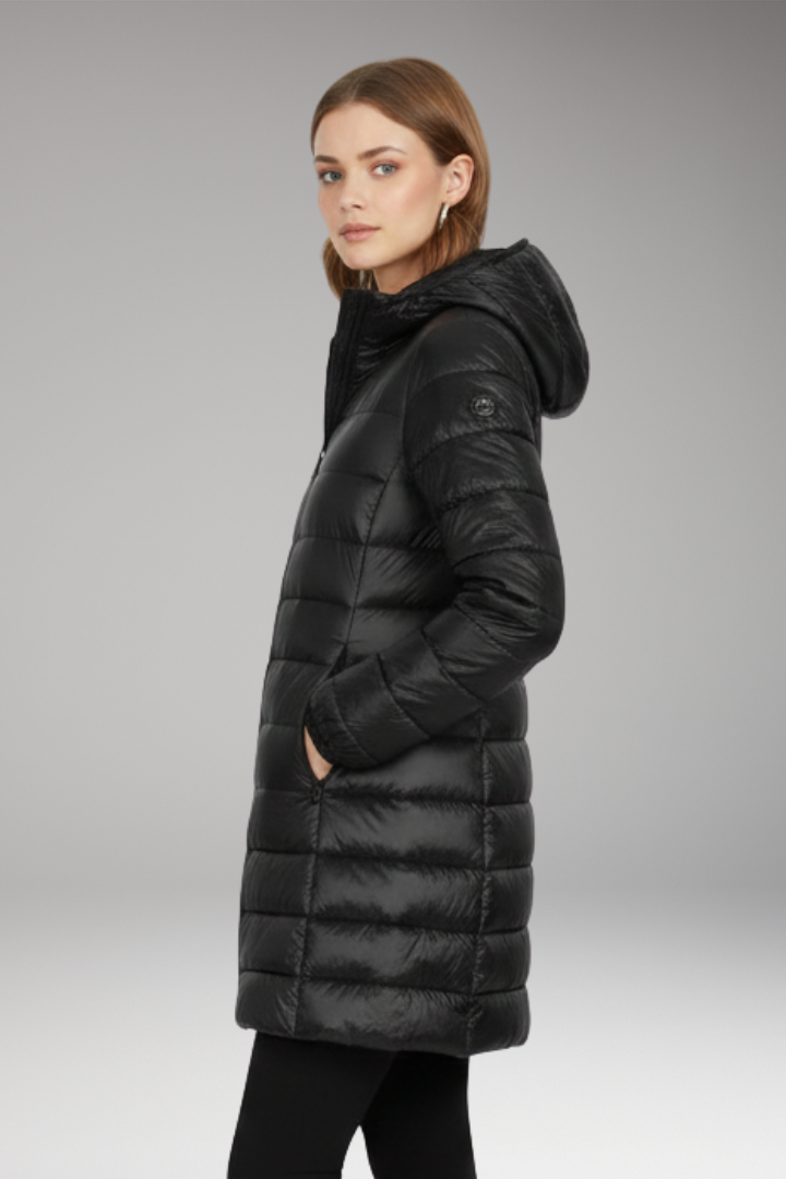 Women's Long Jacket with Hood and Quilted Surface