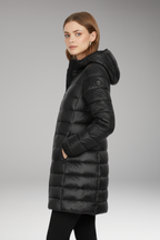 Women's Long Jacket with Hood and Quilted Surface