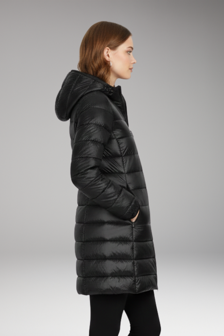 Women's Long Jacket with Hood and Quilted Surface