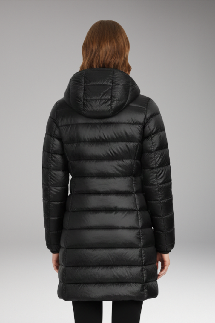 Women's Long Jacket with Hood and Quilted Surface